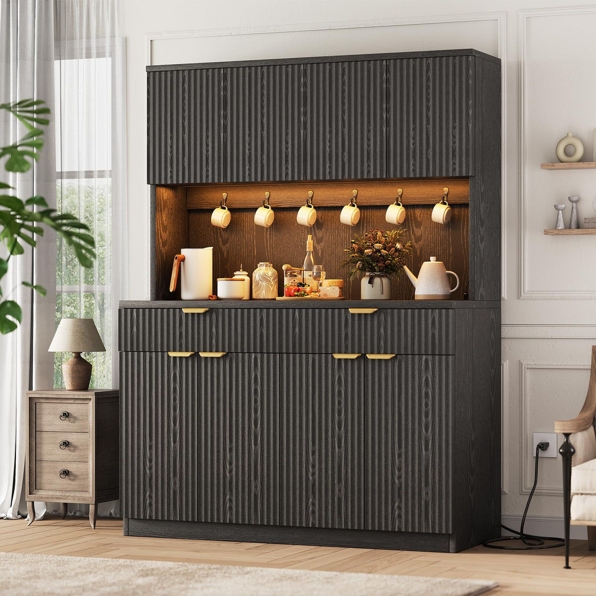 Fluted Kitchen Pantry Storage Cabinet with Charging Station & LED Lights