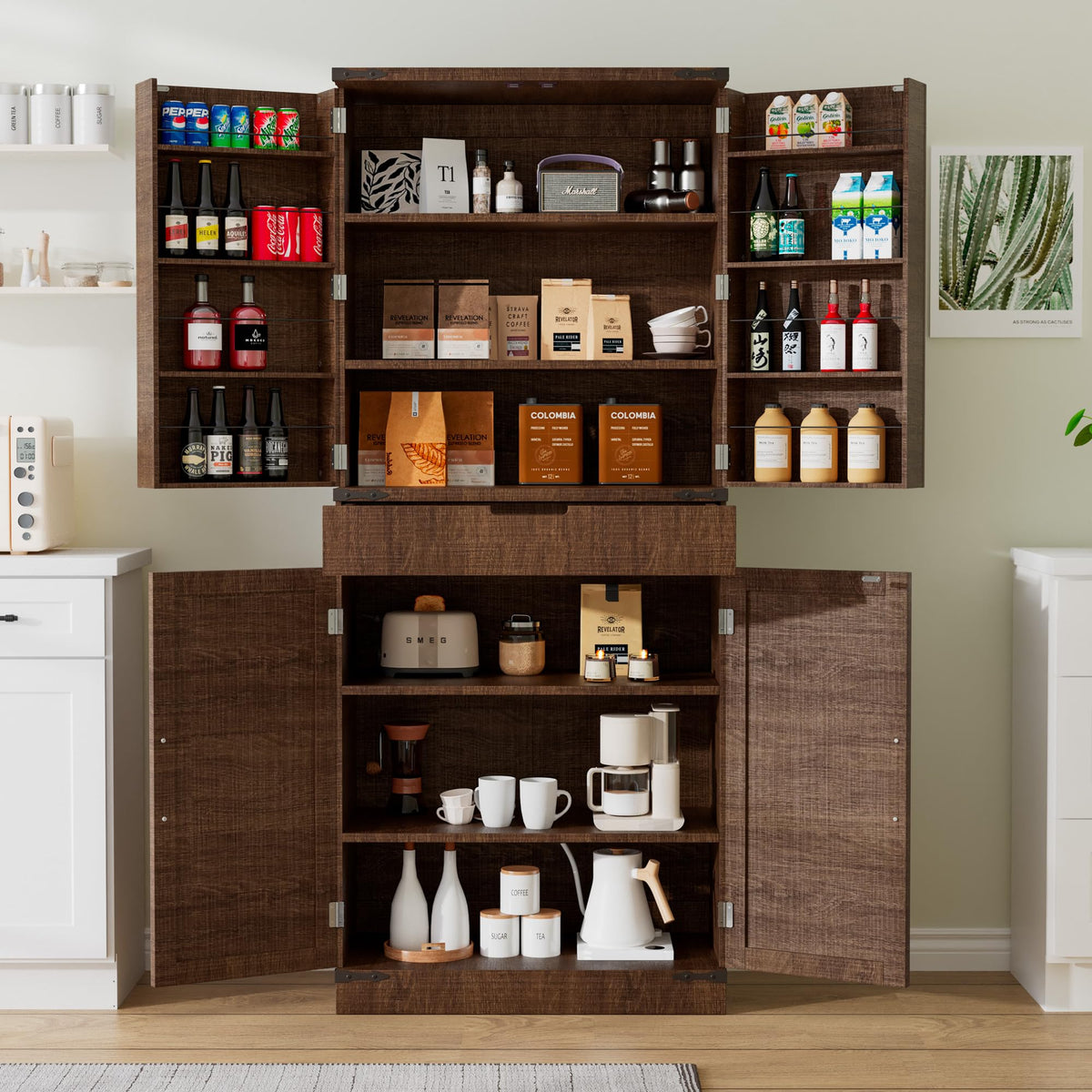 72" Kitchen Pantry Storage Cabinet with Doors and Shelves, Wood Farmhouse Pantry Storage with Barn Doors for Kitchen, Dining Room, Living Room