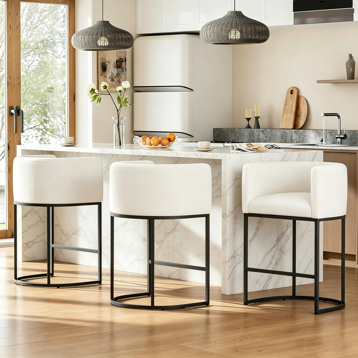 26" H Counter Height Bar Stools Set of 3, Modern Barrel Counter Stools with Backrest and Arms, Linen Fabric Upholstered Accent Barstools for Kitchen Island, Support 450 LBS, Beige