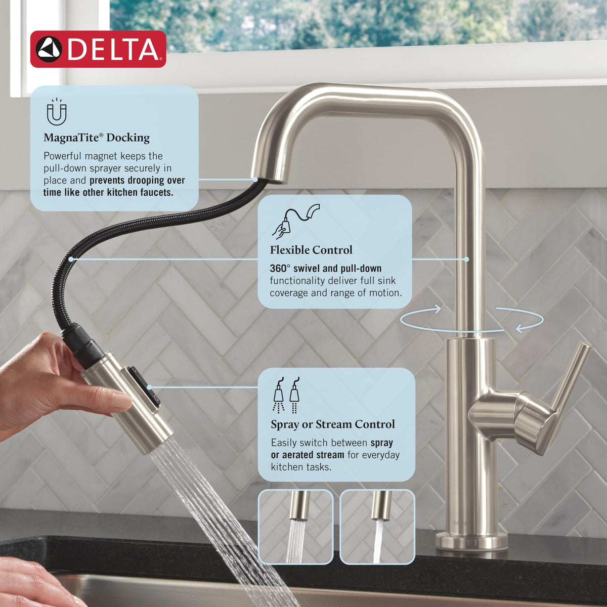 Delta Faucet Nicoli U-Spout Kitchen Faucet with Pull Down Sprayer, Brushed Nickel Kitchen Sink Faucet, Modern Kitchen Faucet, Single Hole Kitchen Faucet, Stainless Steel 19868LF-SS