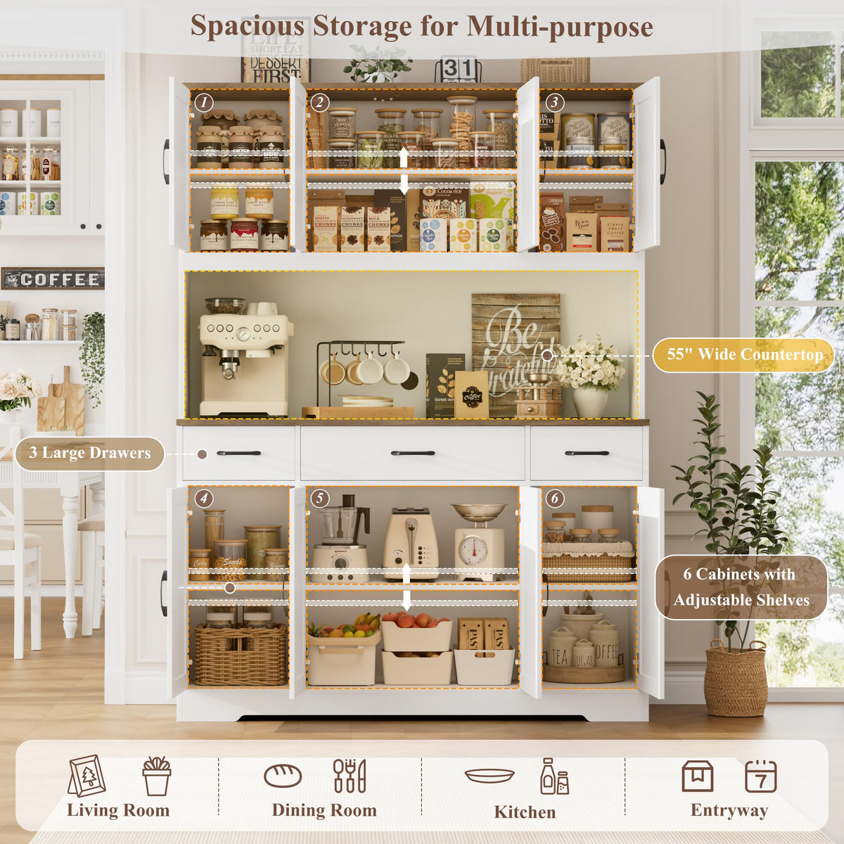 HOSTACK 71" Tall Kitchen Pantry Storage Cabinet, 55" W Kitchen Hutch, White