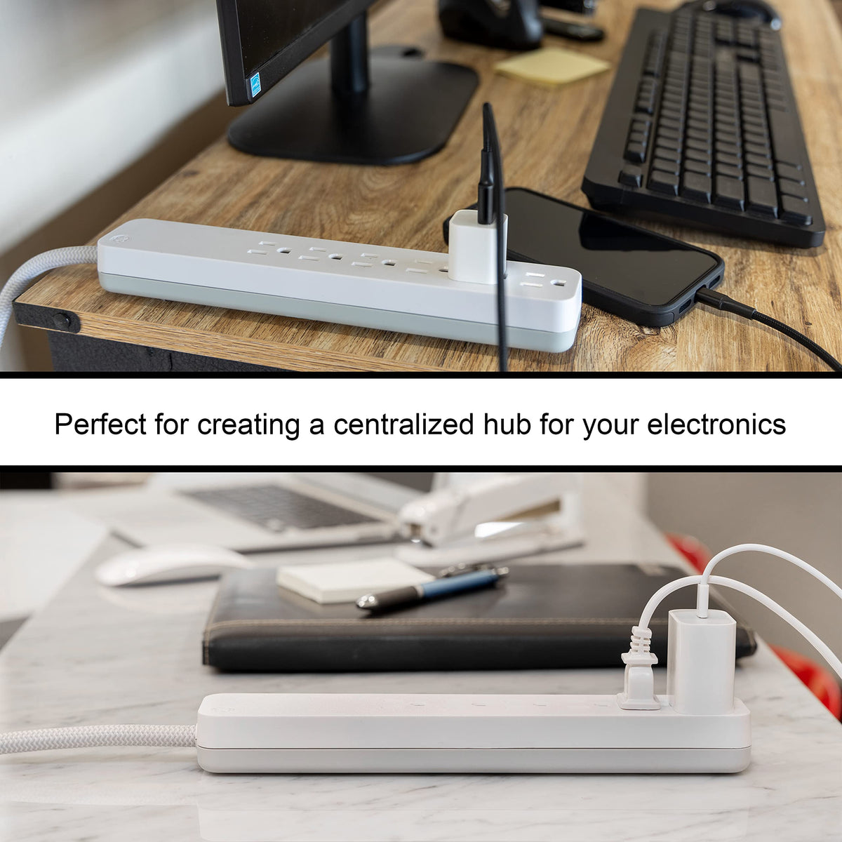 GE UltraPro 6 Outlet Surge Protector, Designer Braided Extension Cord, Flat Plug, Wall Mount, White, 45264, 2 ft (Pack of 8)