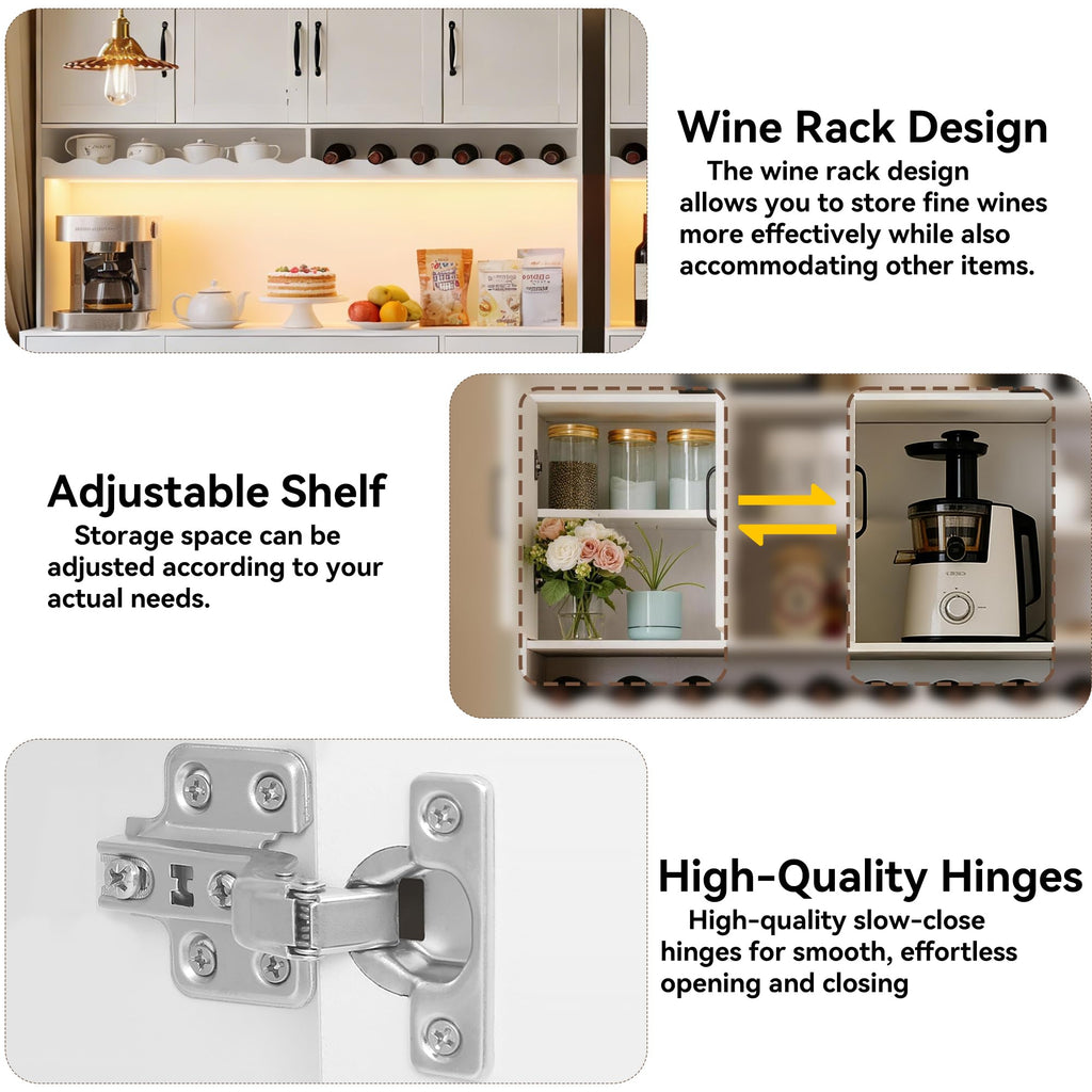 White 72" Tall Kitchen Pantry Cabinet with Charging Station 55" Wide Hutch with LED Light and Countertop