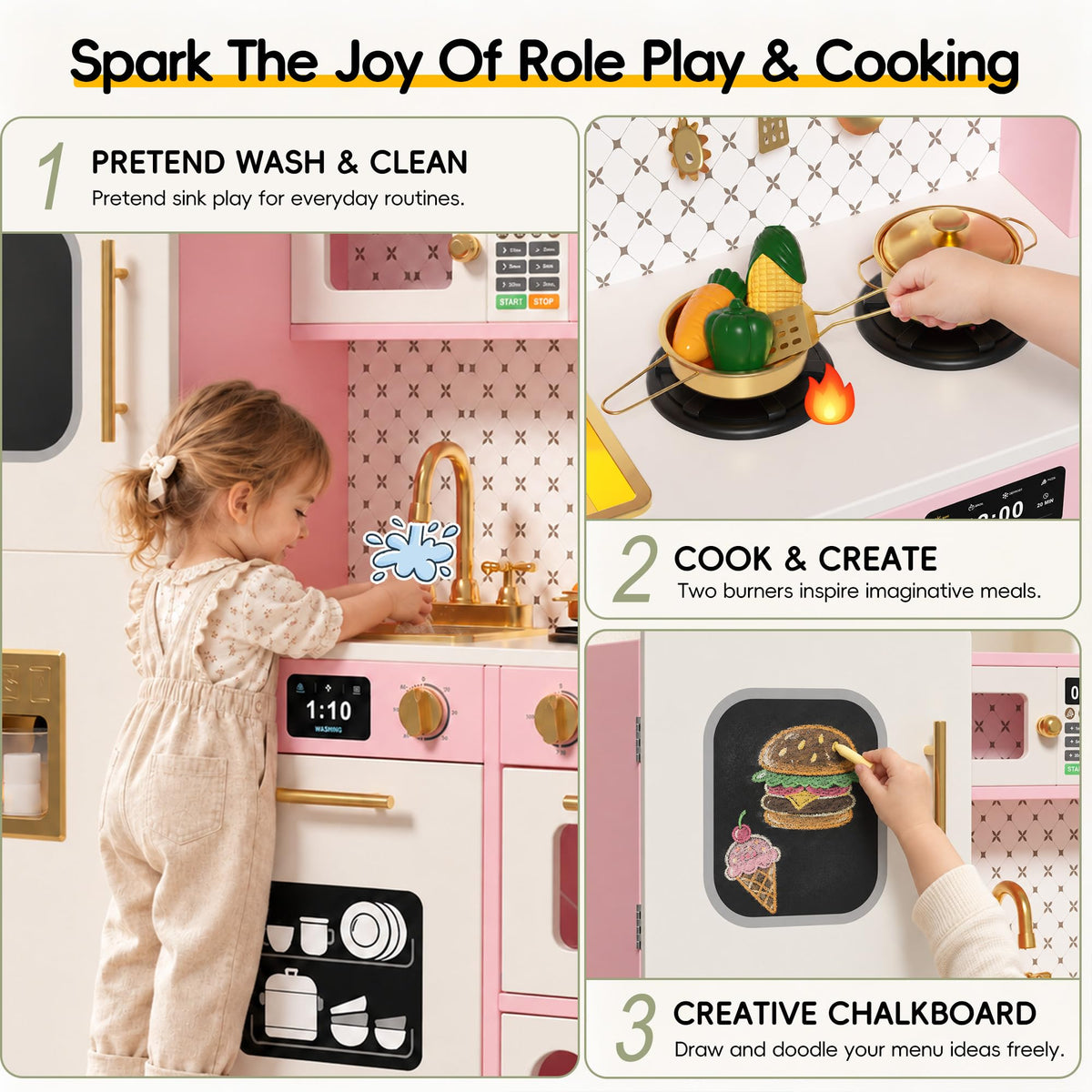 Wooden Play Kitchen for Kids, Pretend Kitchen Play Toy Kitchen Set(Ages 3+), Pink