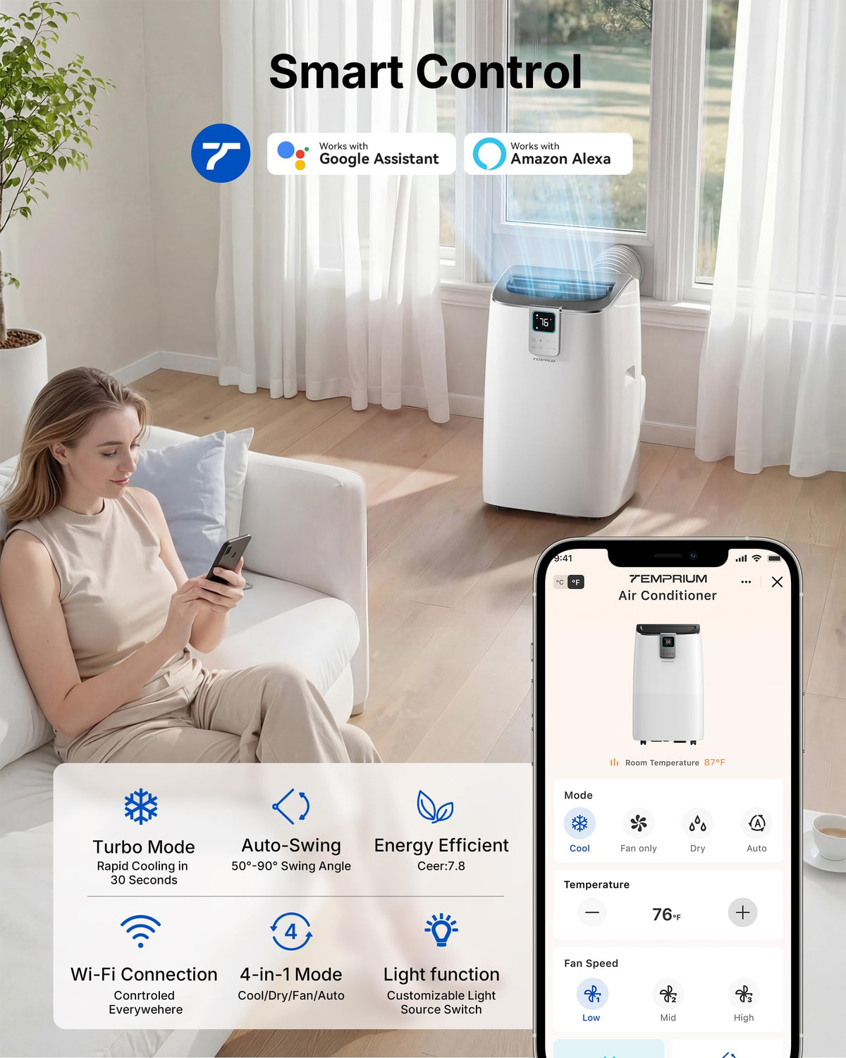 14,000 BTU Portable Air Conditioner, 4-in-1 Smart AC with WiFi