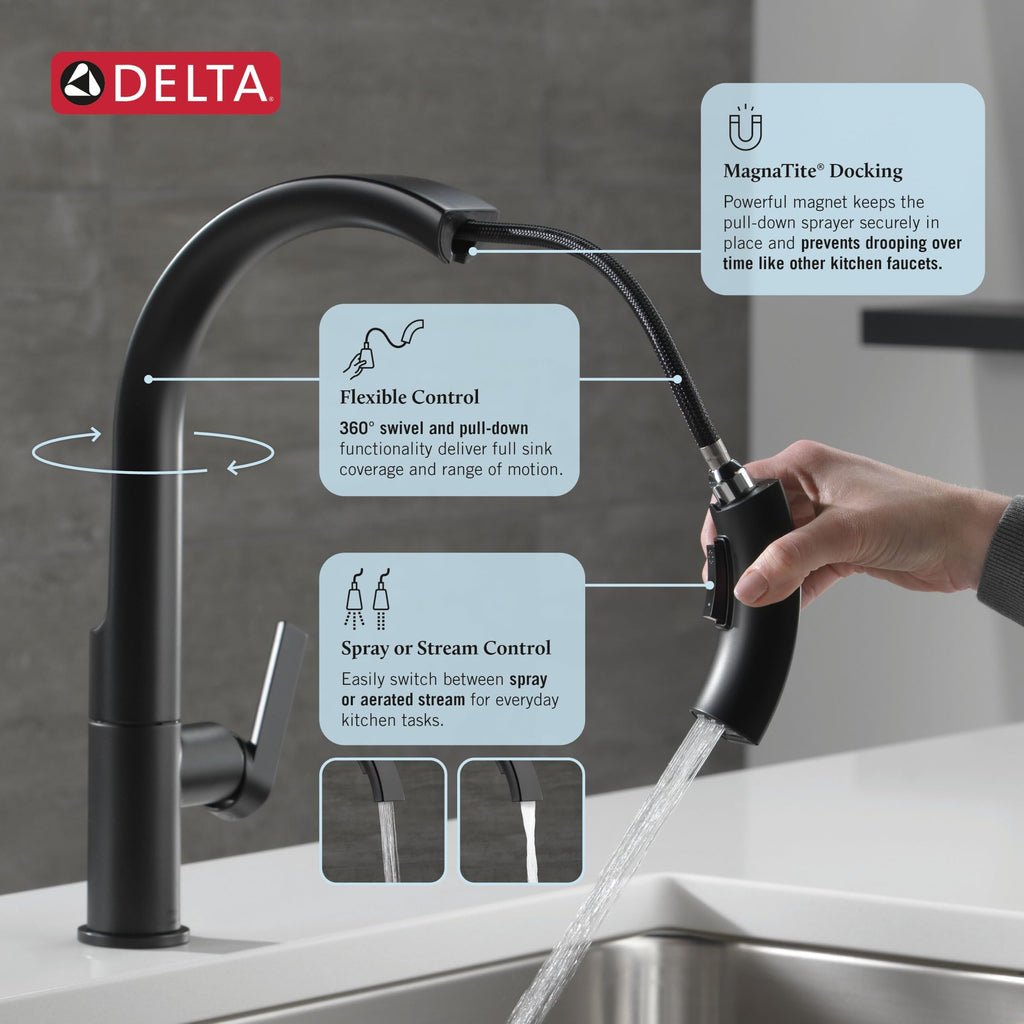 Delta Keele Matte Black Kitchen Faucet with Pull Down Sprayer, Modern Single Hole Kitchen Sink Faucet, Single Handle, Matte Black 19824LF-BL