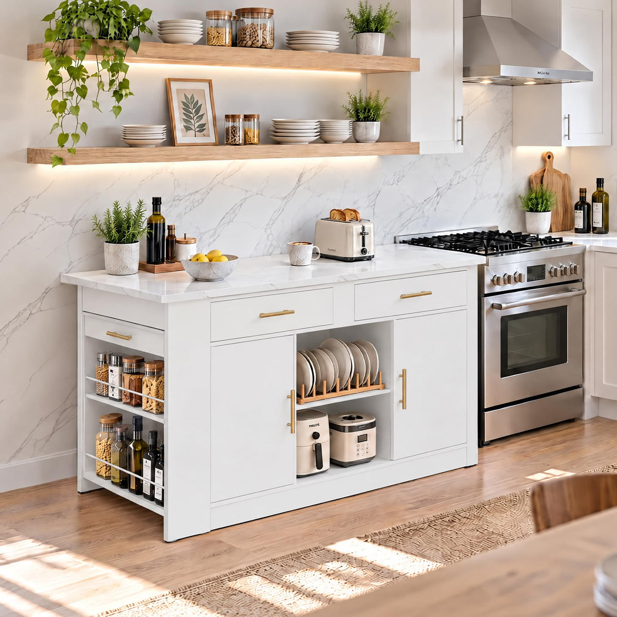 59"-103" Kitchen Island with Extendable Dining Table, White