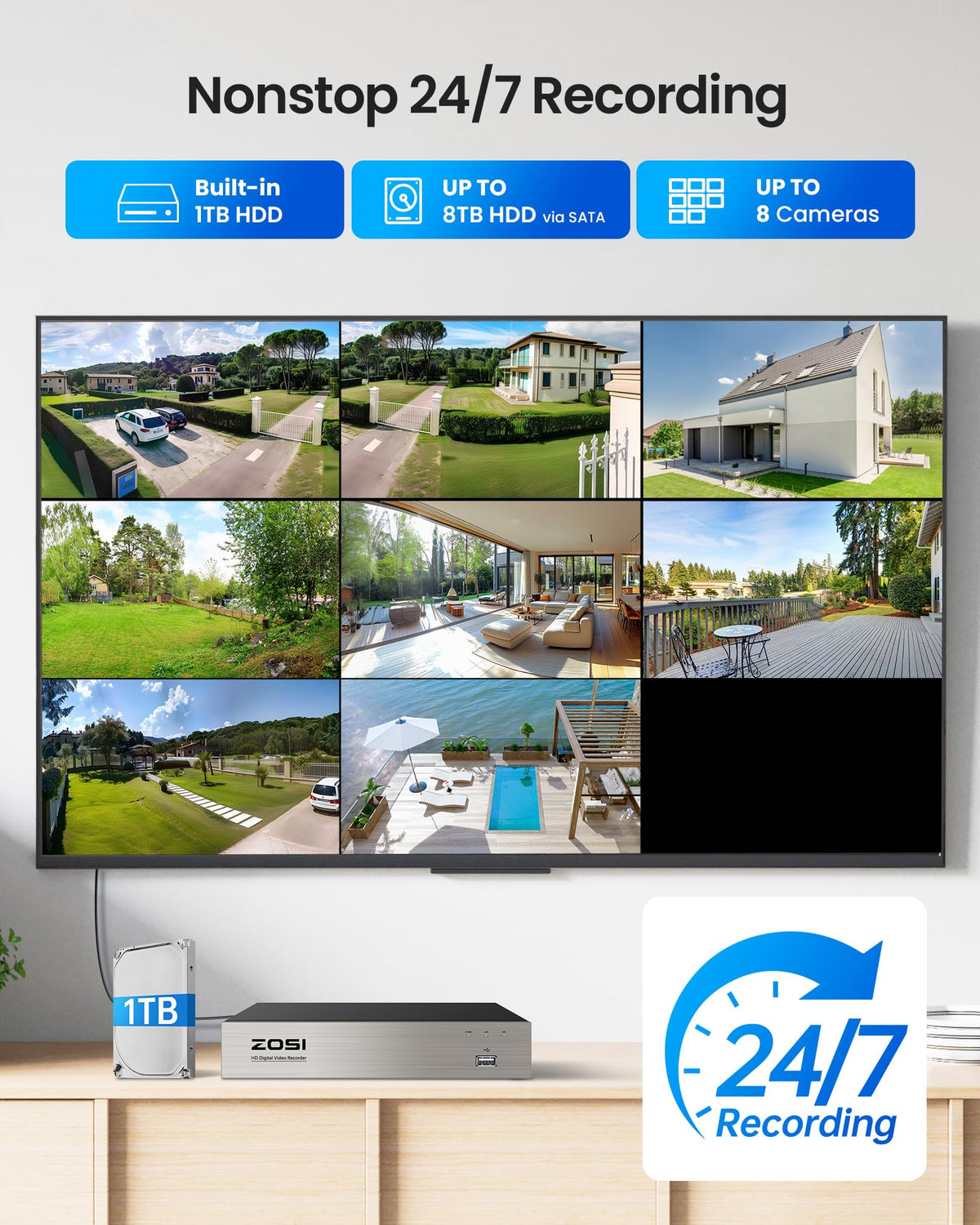 ZOSI 5MP Wired Security Camera System, 8pcs 3K Pan/Tilt Cameras, 1TB HDD