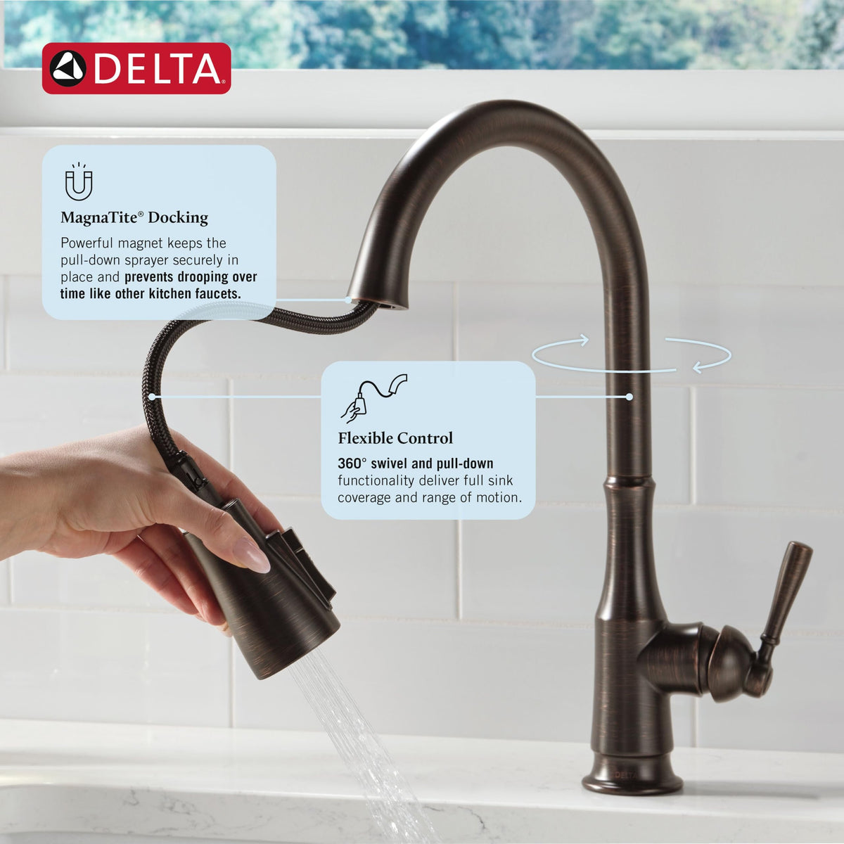 Delta Capertee Oil Rubbed Bronze Kitchen Faucet with Pull Down Sprayer and Soap Dispenser, Modern Single Hole Kitchen Sink Faucet, Single Handle, Venetian Bronze 19877Z-RBSD-DST