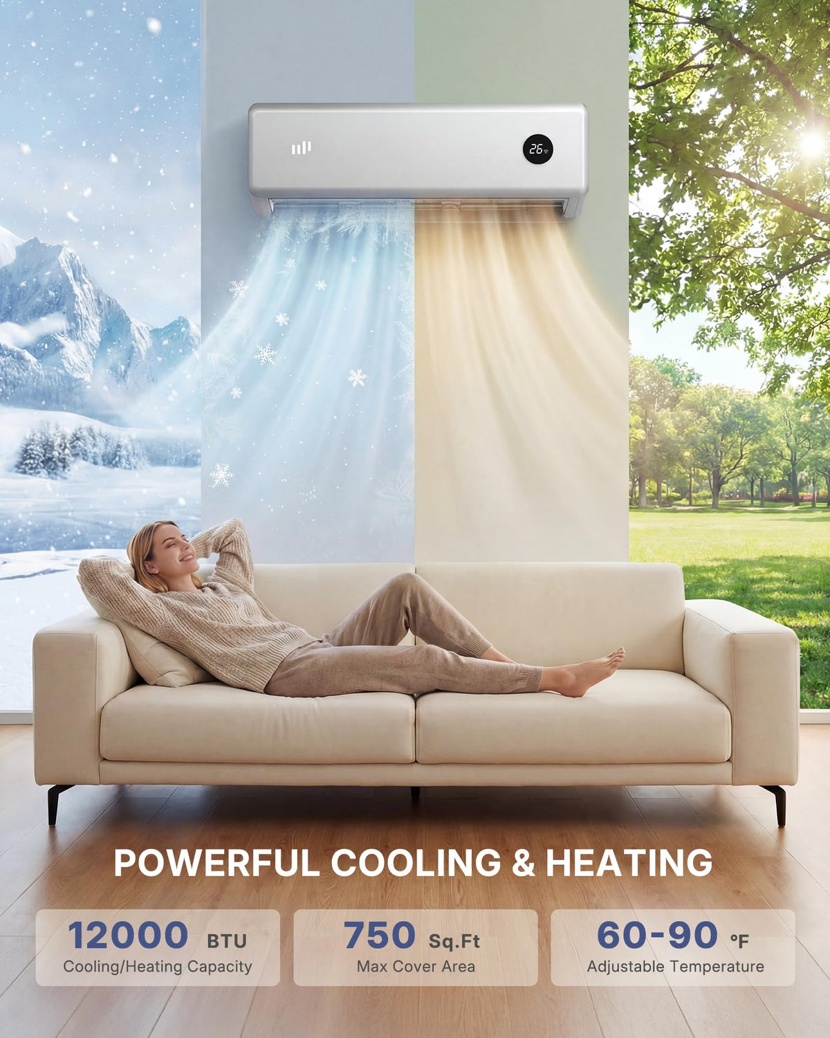 Upstreman 12000 BTU Mini Split AC/Heating System, 230V Silver Mini Split Air Conditioner, 20 SEER2 Ductless Split AC, Energy Efficient Inverter, WiFi Control, with Mounting Bracket, Up to 750 Sq.Ft
