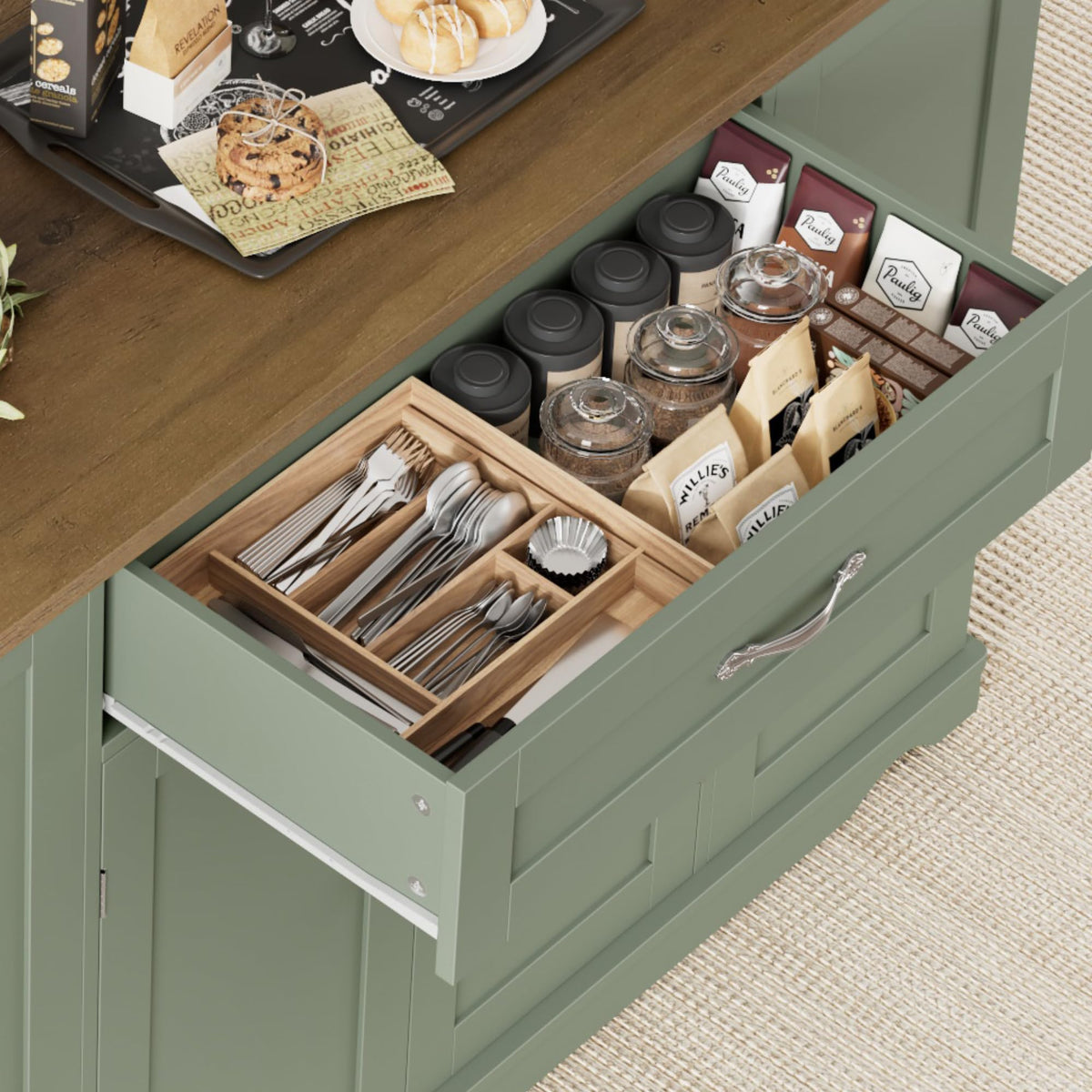 HOSTACK 47"W Kitchen Island Cart with Storage, Rolling Island Table, Green