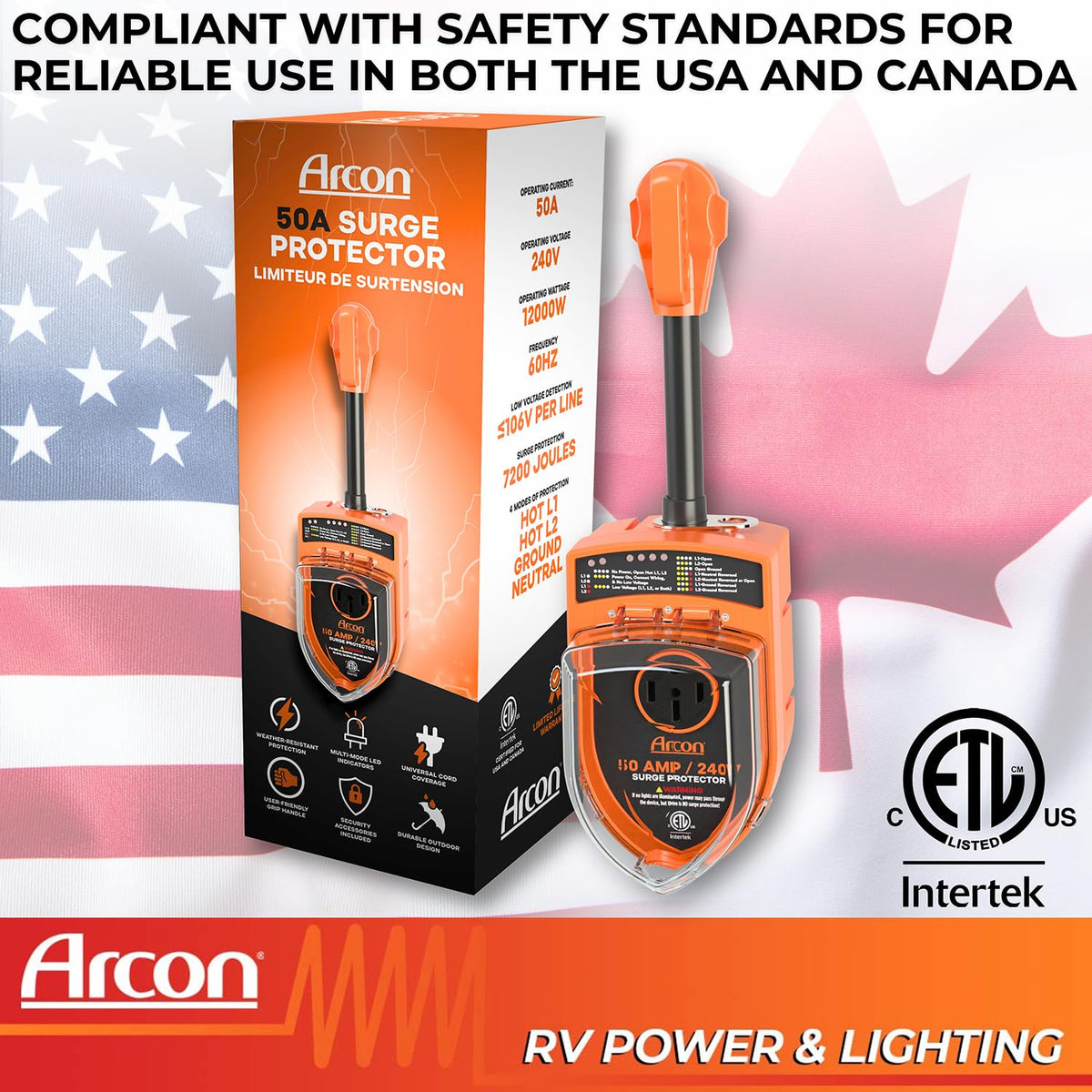 Surge Protector 19759, Portable, 50 Amp, 240 Volt, with Plug Head Handle Grip, 7200 Joules of Power Surge Protection