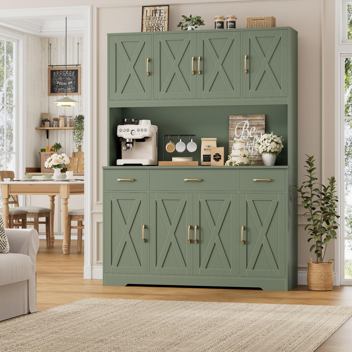 HOSTACK 71" Tall Kitchen Pantry Storage Cabinet, 55" W Kitchen Hutch, Green