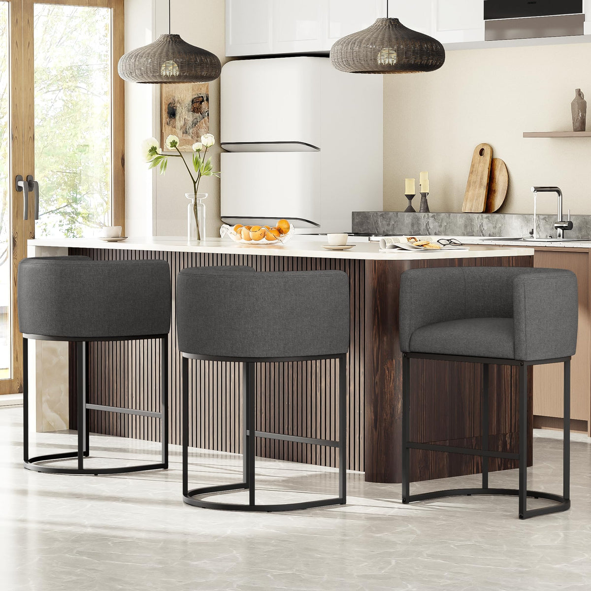 26" H Counter Height Bar Stools Set of 3, Modern Barrel Counter Stools with Backrest and Arms, Linen Fabric Upholstered Accent Barstools for Kitchen Island, Support 450 LBS, Beige