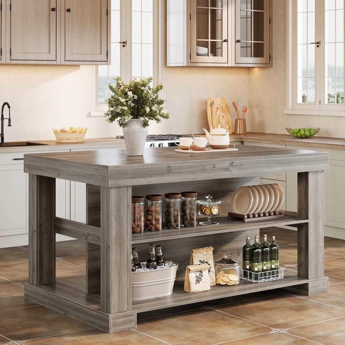 Tribesigns 55" Kitchen Island with Seating and Storage, 3-Tier, Modern