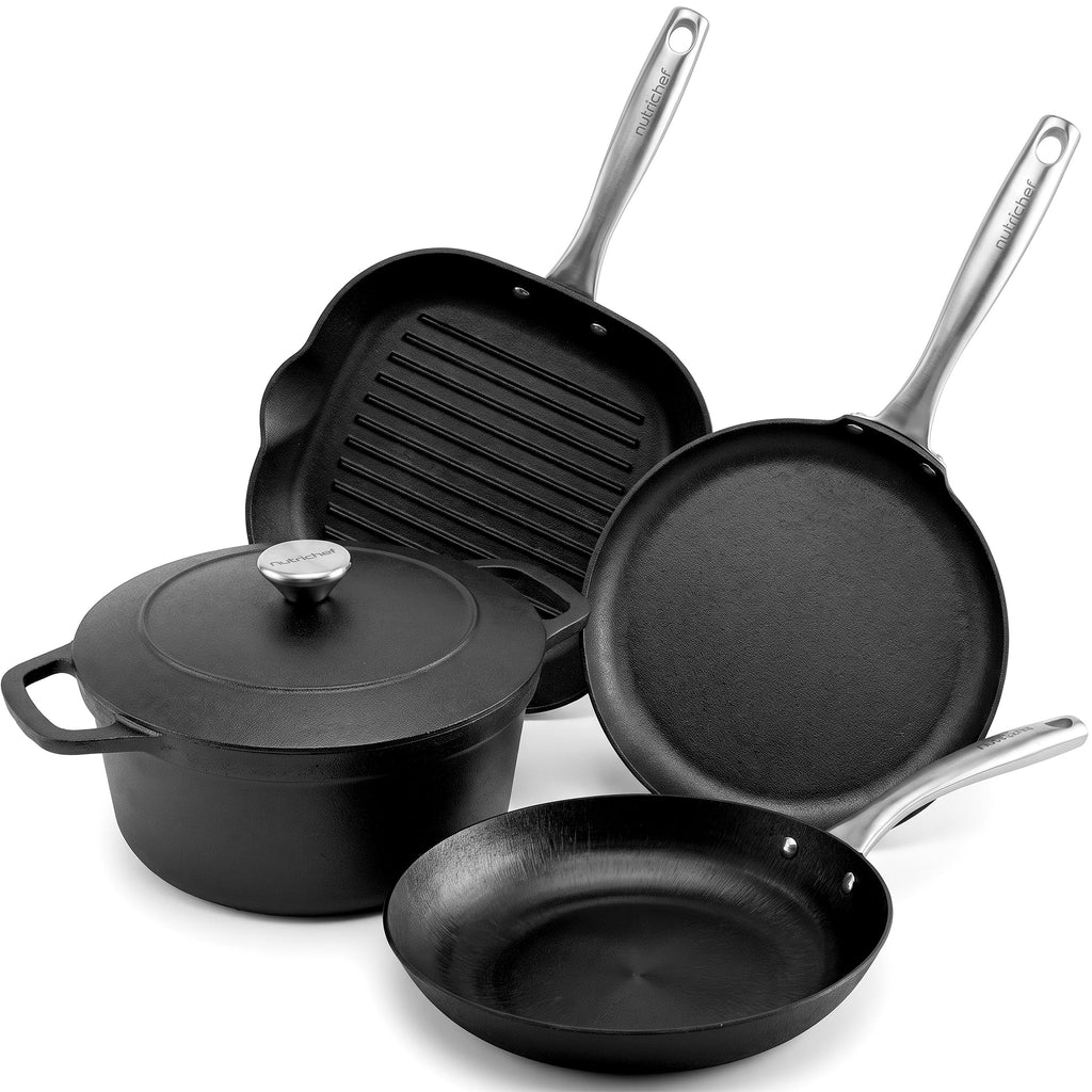 NutriChef Cast Iron Pots and Pans Set | Kitchen Cookware Set 5-Piece