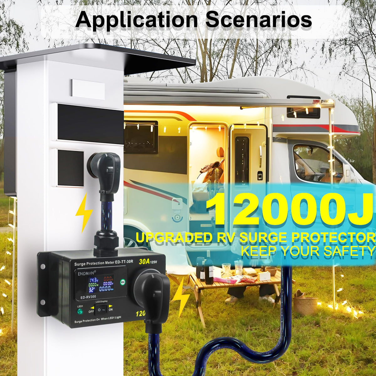 RV 30 Amp Surge Protector with Power Meter 12000 Joules NEMA TT-30P
