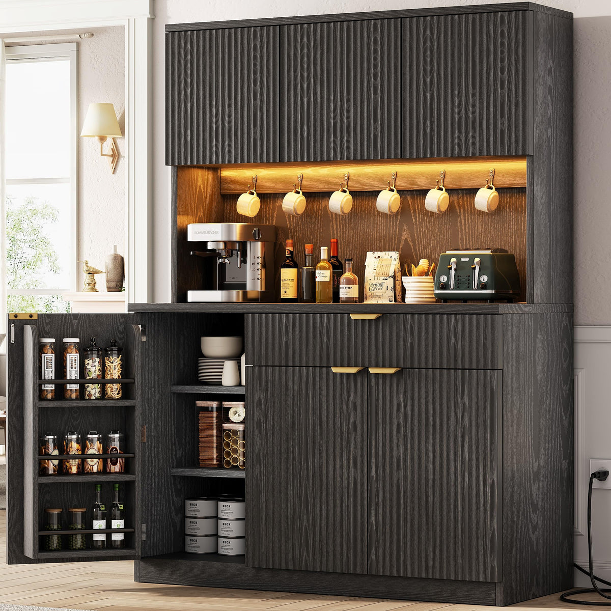 Fluted Kitchen Pantry Storage Cabinet with Charging Station & LED Lights