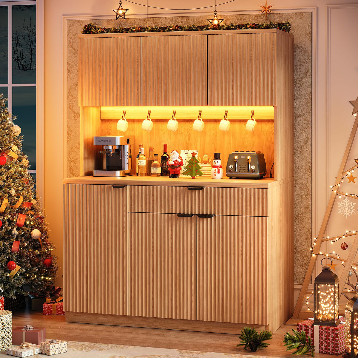 Fluted Kitchen Pantry Storage Cabinet with Charging Station & LED Lights