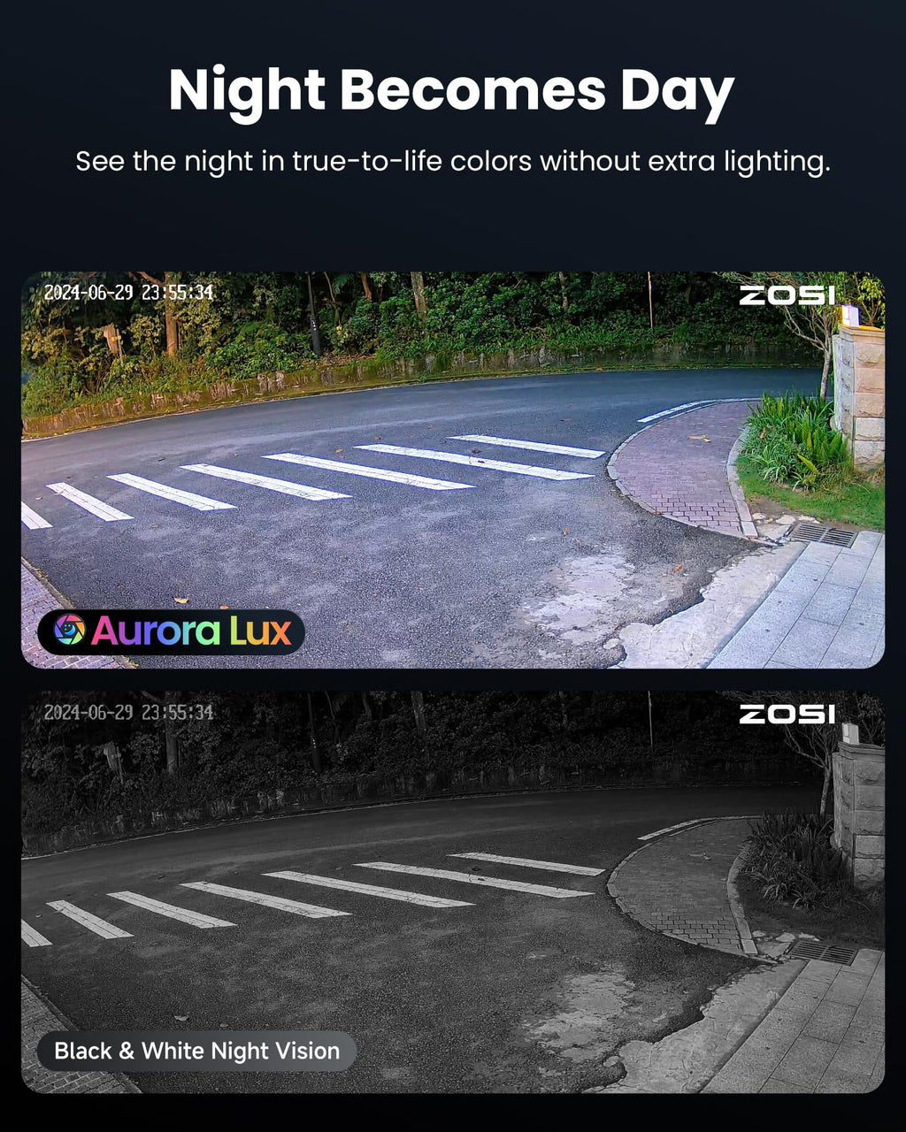 ZOSI 4K PoE Security Camera System,4pcs 4K C186 Aurora Lux Outdoor Indoor Wired Cameras,True Full Color Night Vision,Person Vehicle Detection,2 Way Audio,8MP 8CH NVR with 2TB HDD for 24/7 Recording