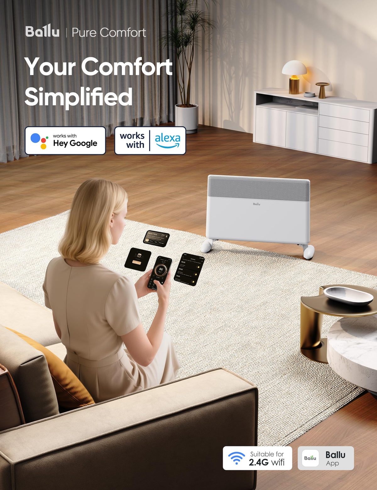 Ballu Convection Space Heater for Large Room With WiFi&Remote Control