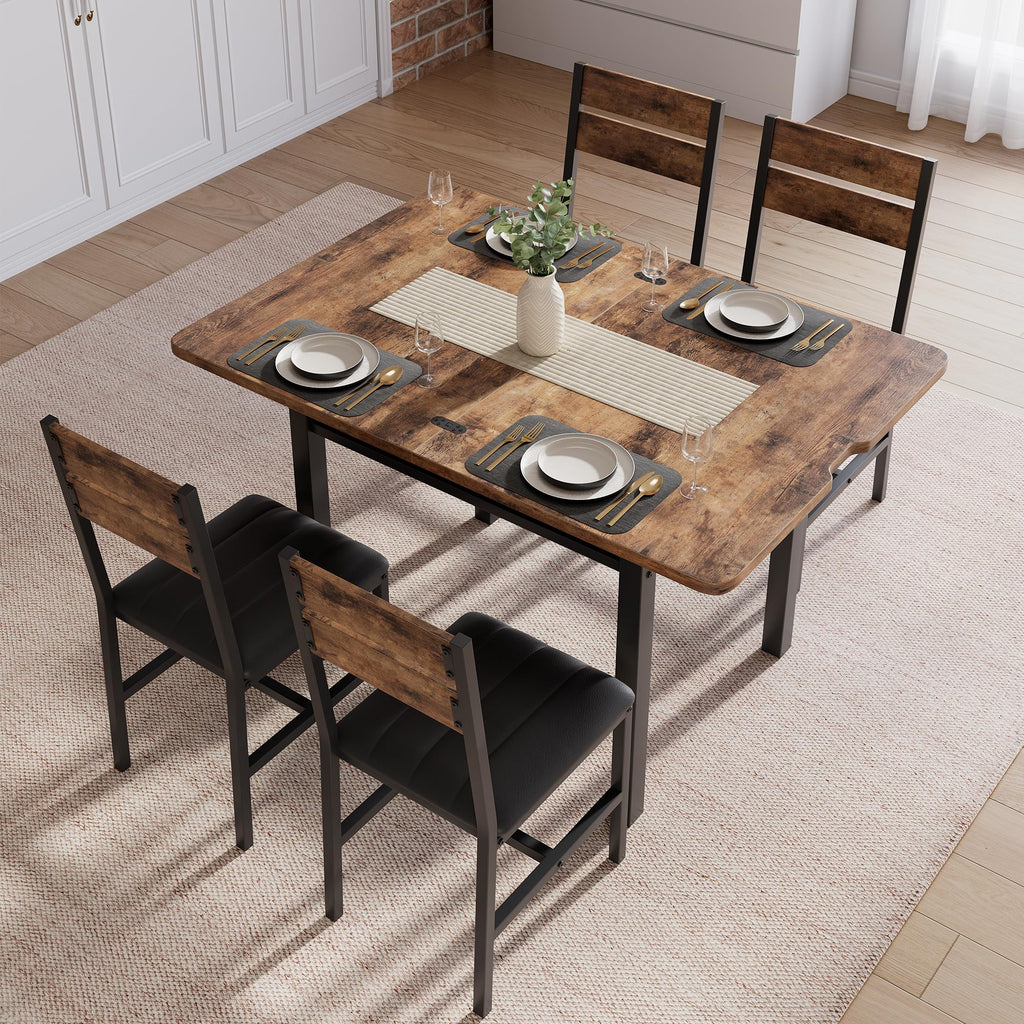 Extendable Dining Table Set for 4 with Built-in Shelf Rack Brown