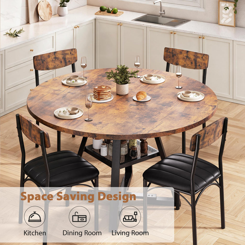 Dining Table Set for 4,Kitchen Table and Chairs for 4, Round Dining Room Table with Upholstered Chairs, 5 Piece Space Saving Circle Wood Kitchen & Dining Room Dinner Dinette Table Set (Vintage, 42In)