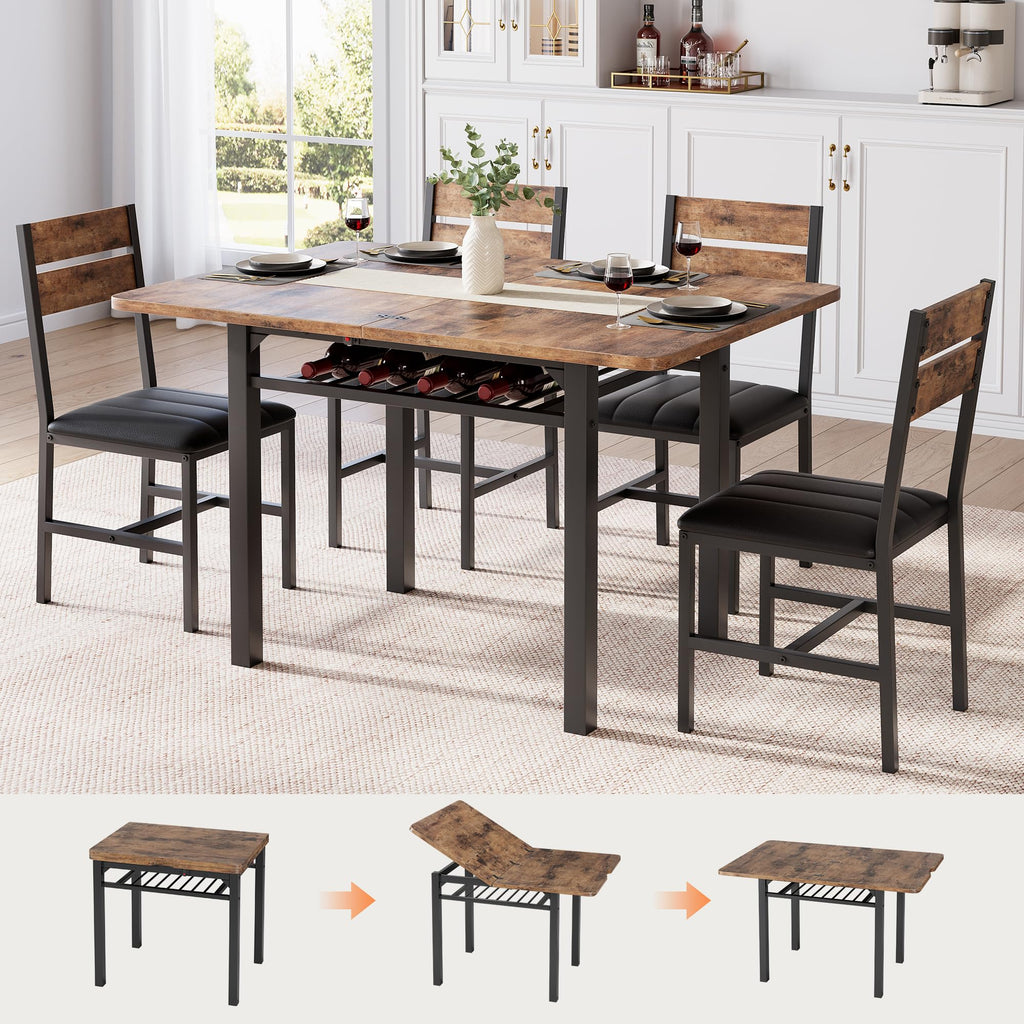 Extendable Dining Table Set for 4 with Built-in Shelf Rack Brown