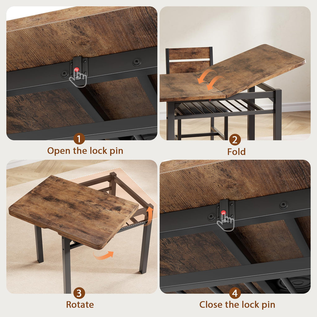 Extendable Dining Table Set for 4 with Built-in Shelf Rack Brown