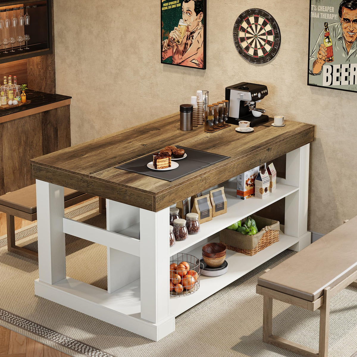 Tribesigns 55" Kitchen Island with Seating and Storage, 3-Tier, Modern