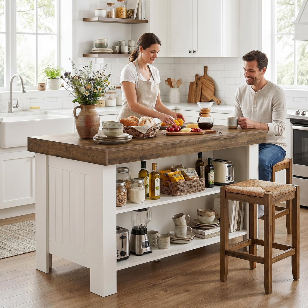 Tribesigns 55" Kitchen Island with Storage & Seating (Rustic Brown & White)