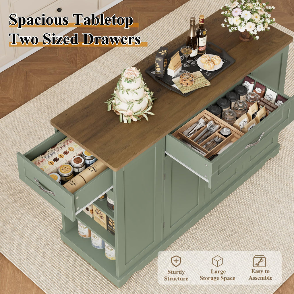 HOSTACK 47"W Kitchen Island Cart with Storage, Rolling Island Table, Green