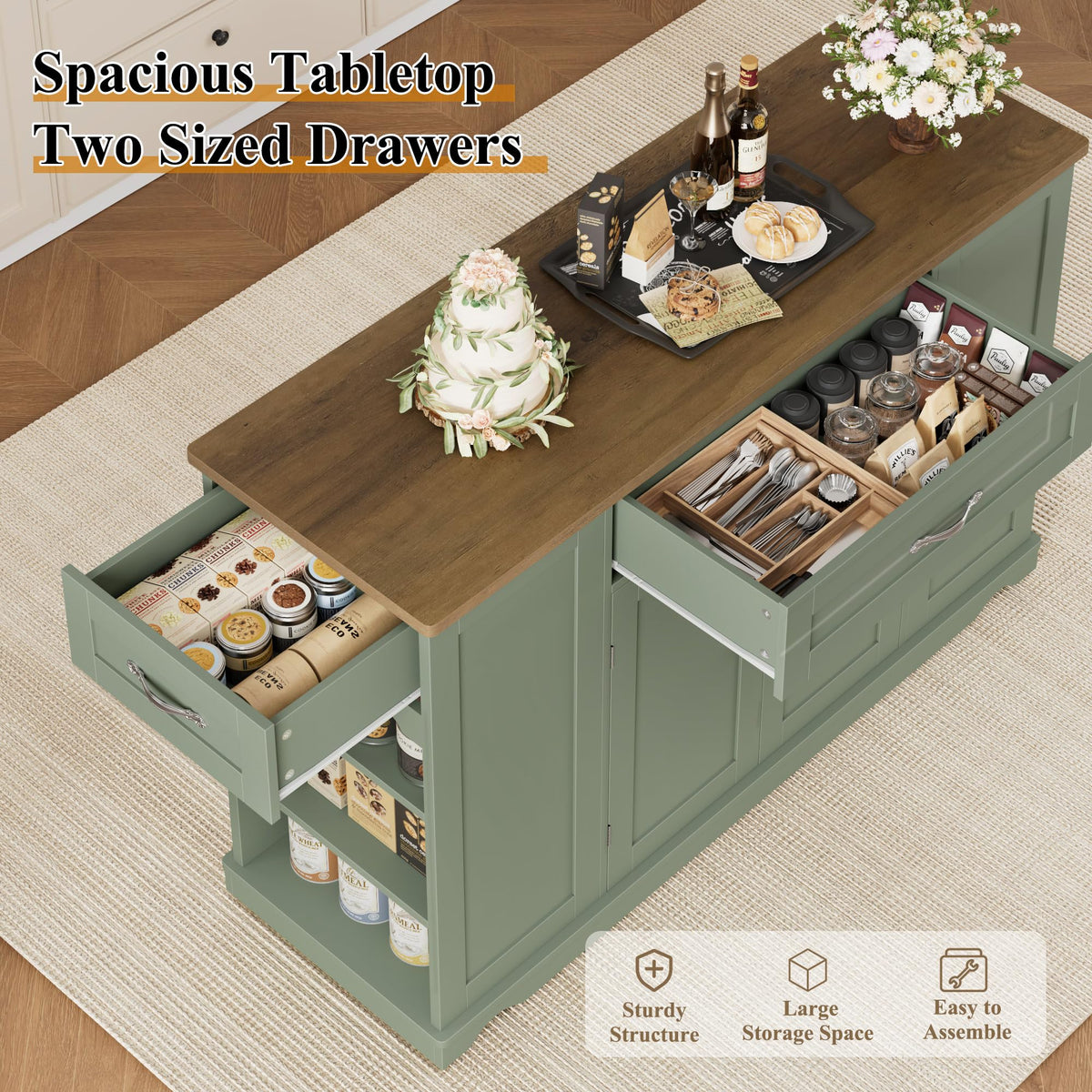 HOSTACK 47"W Kitchen Island Cart with Storage, Rolling Island Table, Green