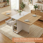 Jocoevol Folding Dining Table for Small Spaces, Foldable Kitchen Table with Drawer, 2-Tier Storage Shelf & Wheels, Space Saving Dining Table for 2 4, Farmhouse, Natural