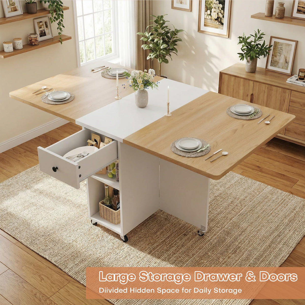 Jocoevol Folding Dining Table for Small Spaces, Foldable Kitchen Table with Drawer, 2-Tier Storage Shelf & Wheels, Space Saving Dining Table for 2 4, Farmhouse, Natural