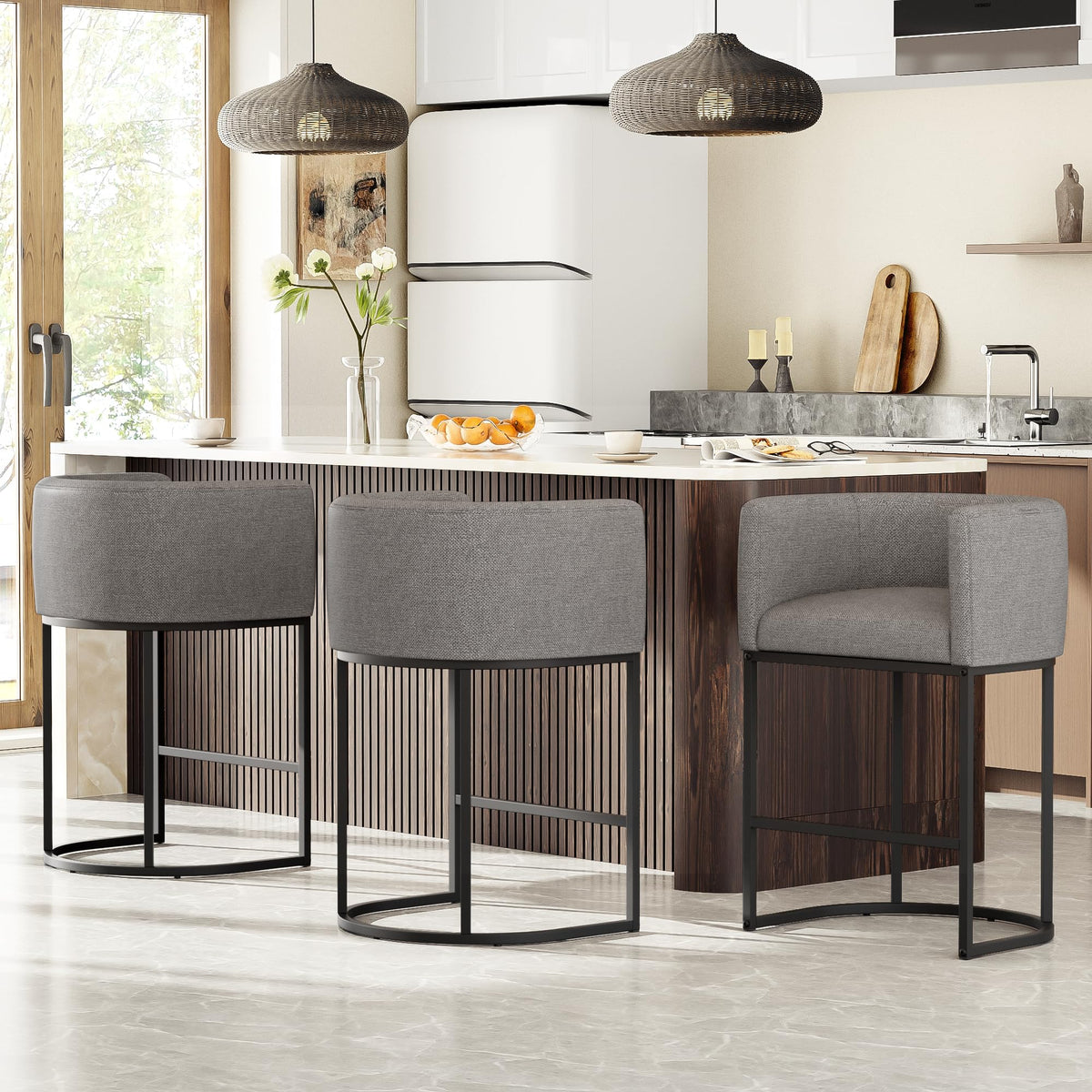 26" H Counter Height Bar Stools Set of 3, Modern Barrel Counter Stools with Backrest and Arms, Linen Fabric Upholstered Accent Barstools for Kitchen Island, Support 450 LBS, Beige