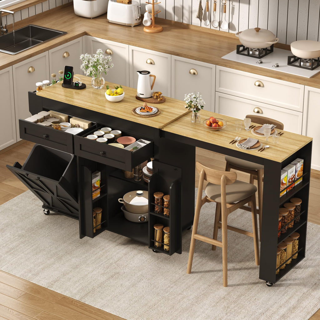 81.6"-51" Extendable Rolling Kitchen Island with Extended Dining Table & Power Outlet, Mobile Kitchen Storage Islands with Trash Cabinet, Large Islands Cart with Storage and 2 Seatings, Black