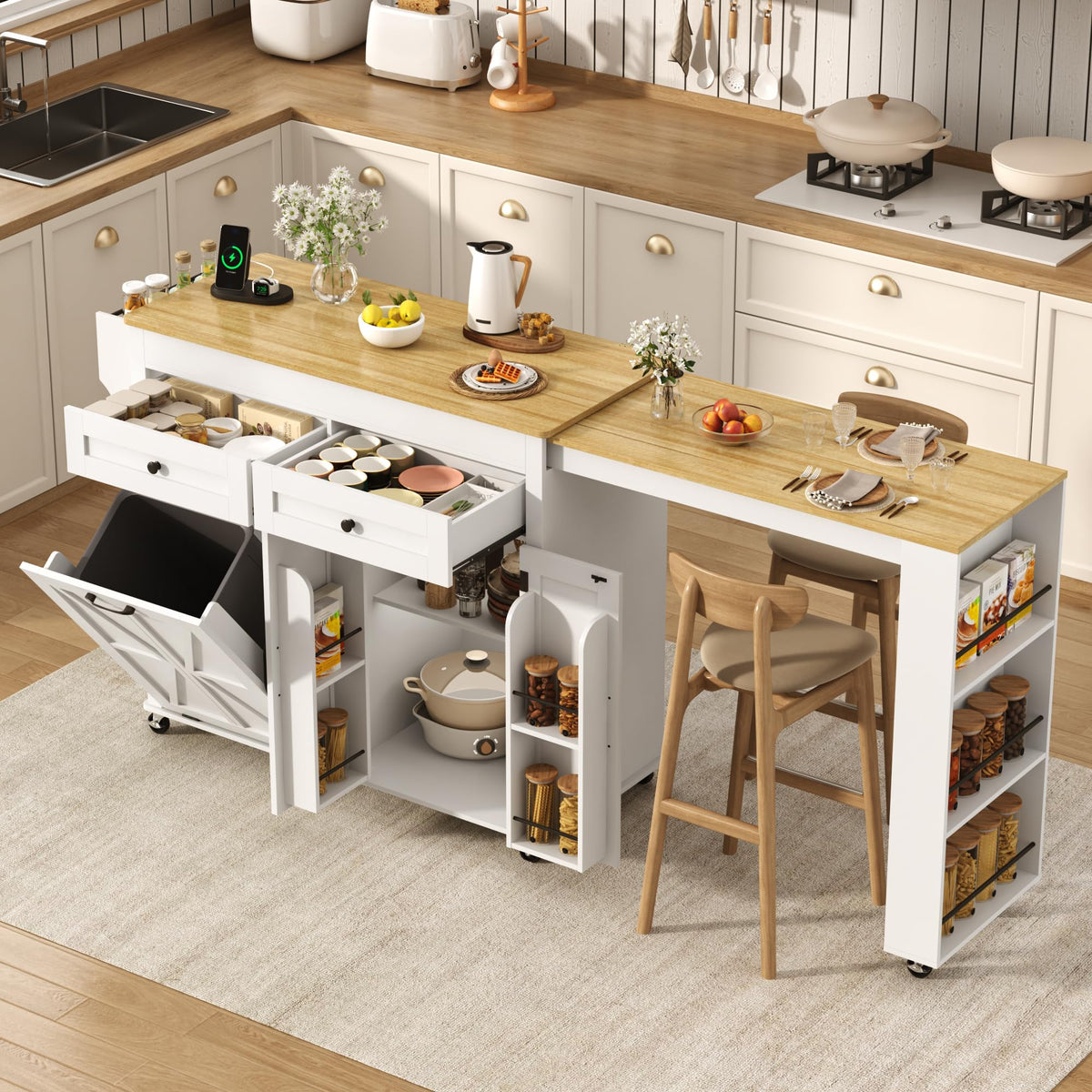 81.6"-51" Extendable Rolling Kitchen Island with Extended Dining Table & Power Outlet, Mobile Kitchen Storage Islands with Trash Cabinet, Large Islands Cart with Storage and 2 Seatings, Black