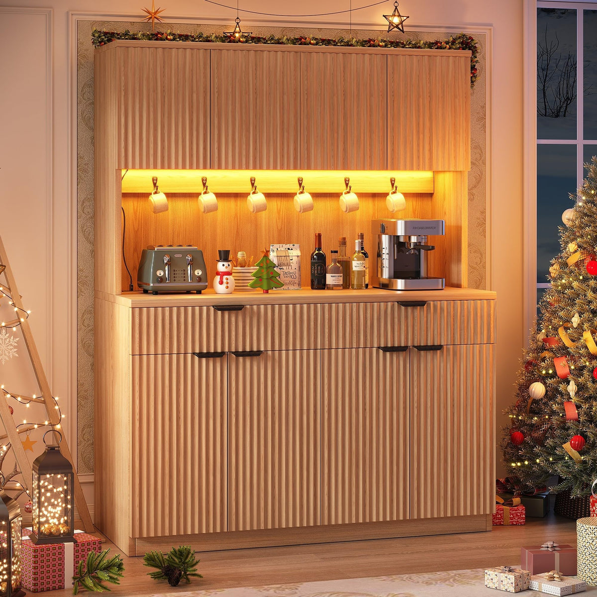 Fluted Kitchen Pantry Storage Cabinet with Charging Station & LED Lights