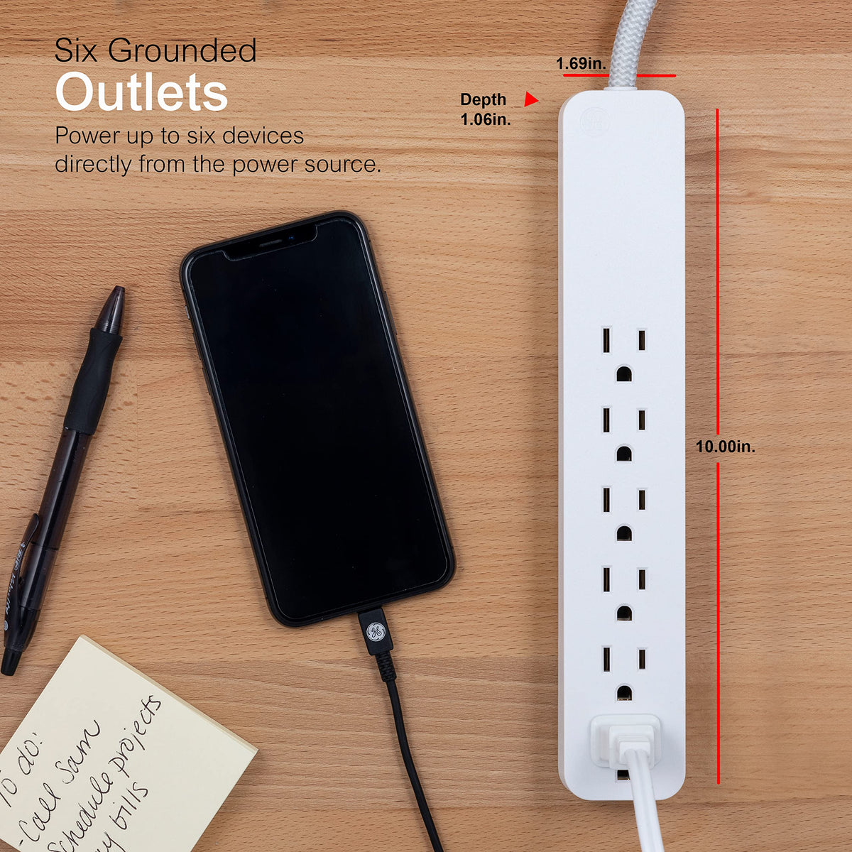GE UltraPro 6 Outlet Surge Protector, Designer Braided Extension Cord, Flat Plug, Wall Mount, White, 45264, 2 ft (Pack of 8)