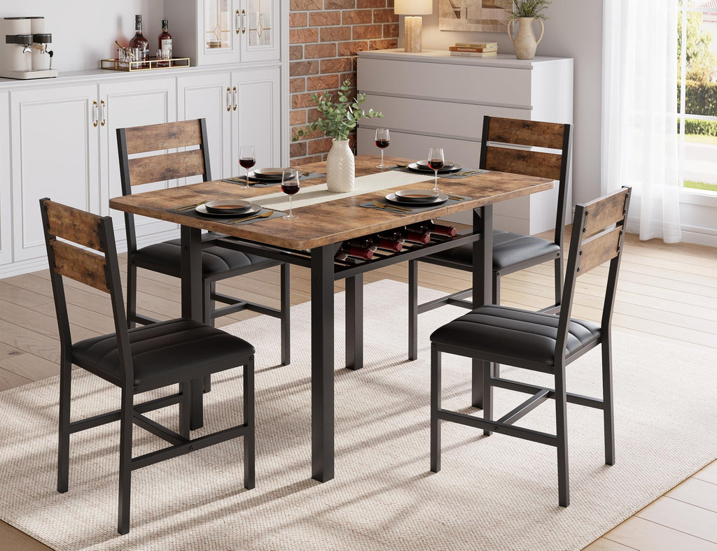 Extendable Dining Table Set for 4 with Built-in Shelf Rack Brown