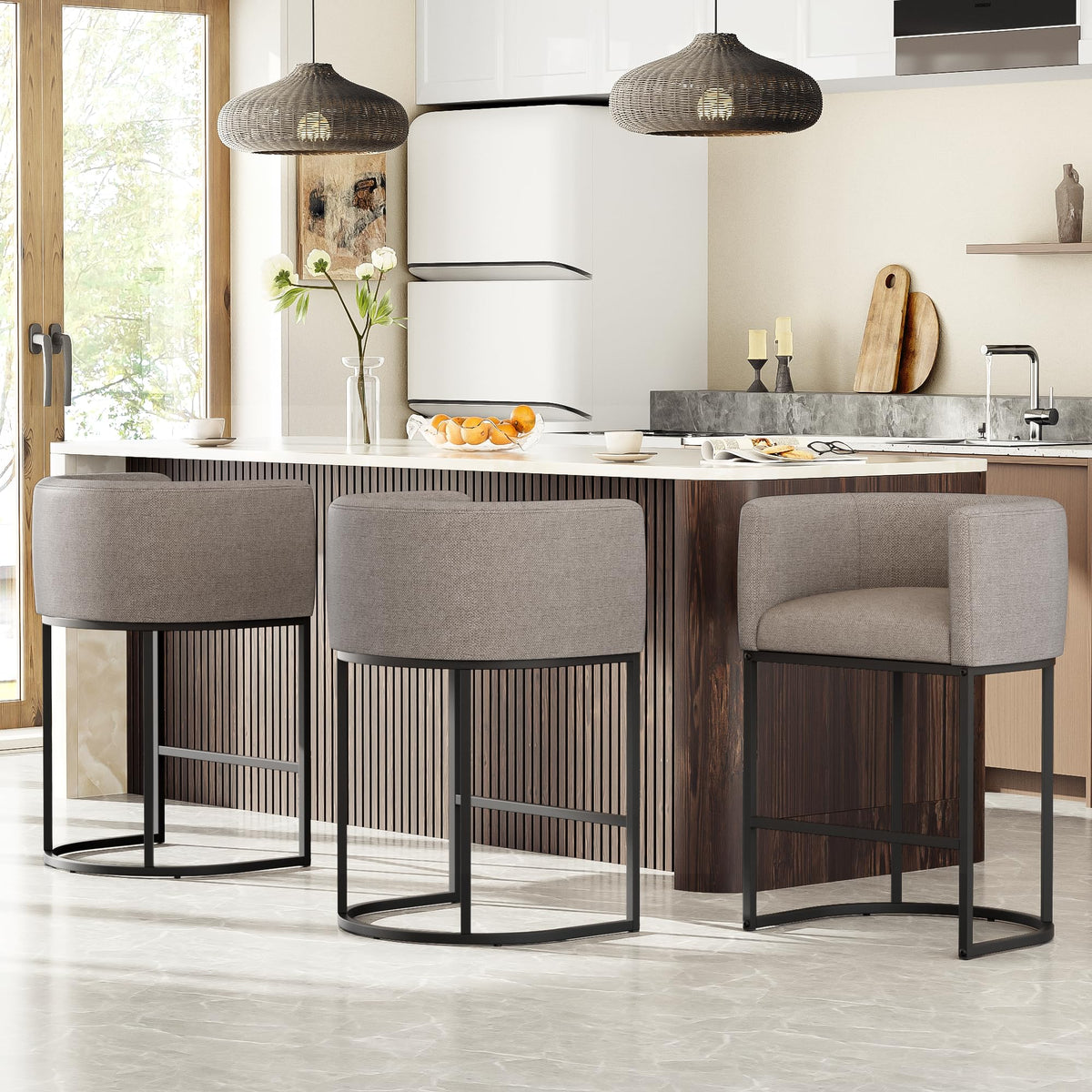 26" H Counter Height Bar Stools Set of 3, Modern Barrel Counter Stools with Backrest and Arms, Linen Fabric Upholstered Accent Barstools for Kitchen Island, Support 450 LBS, Beige