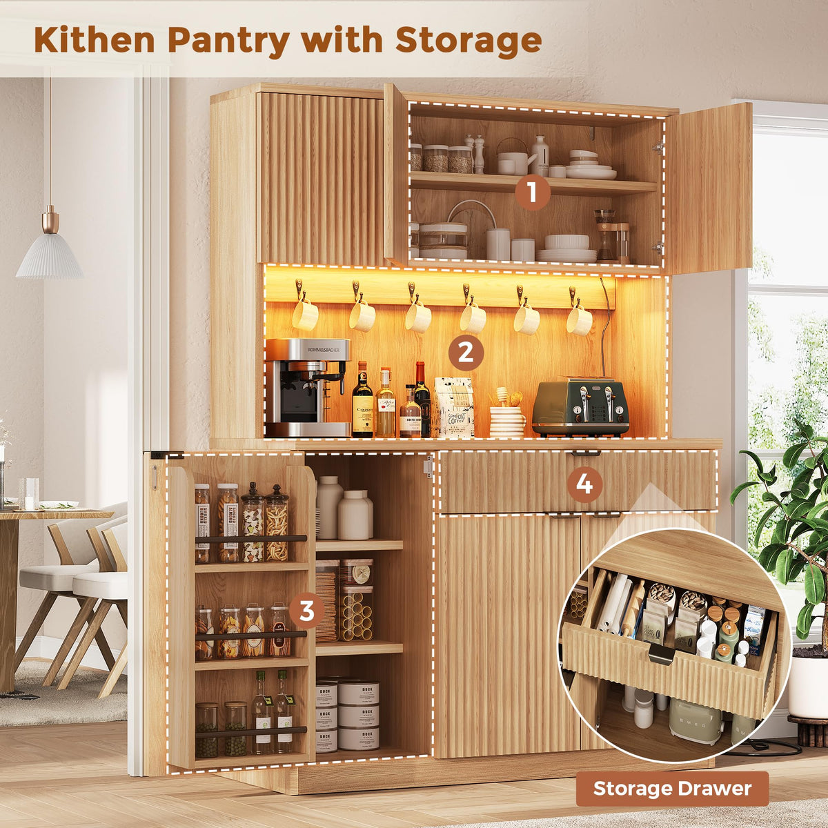 Fluted Kitchen Pantry Storage Cabinet with Charging Station & LED Lights