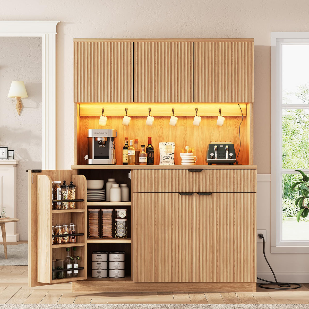 Fluted Kitchen Pantry Storage Cabinet with Charging Station & LED Lights