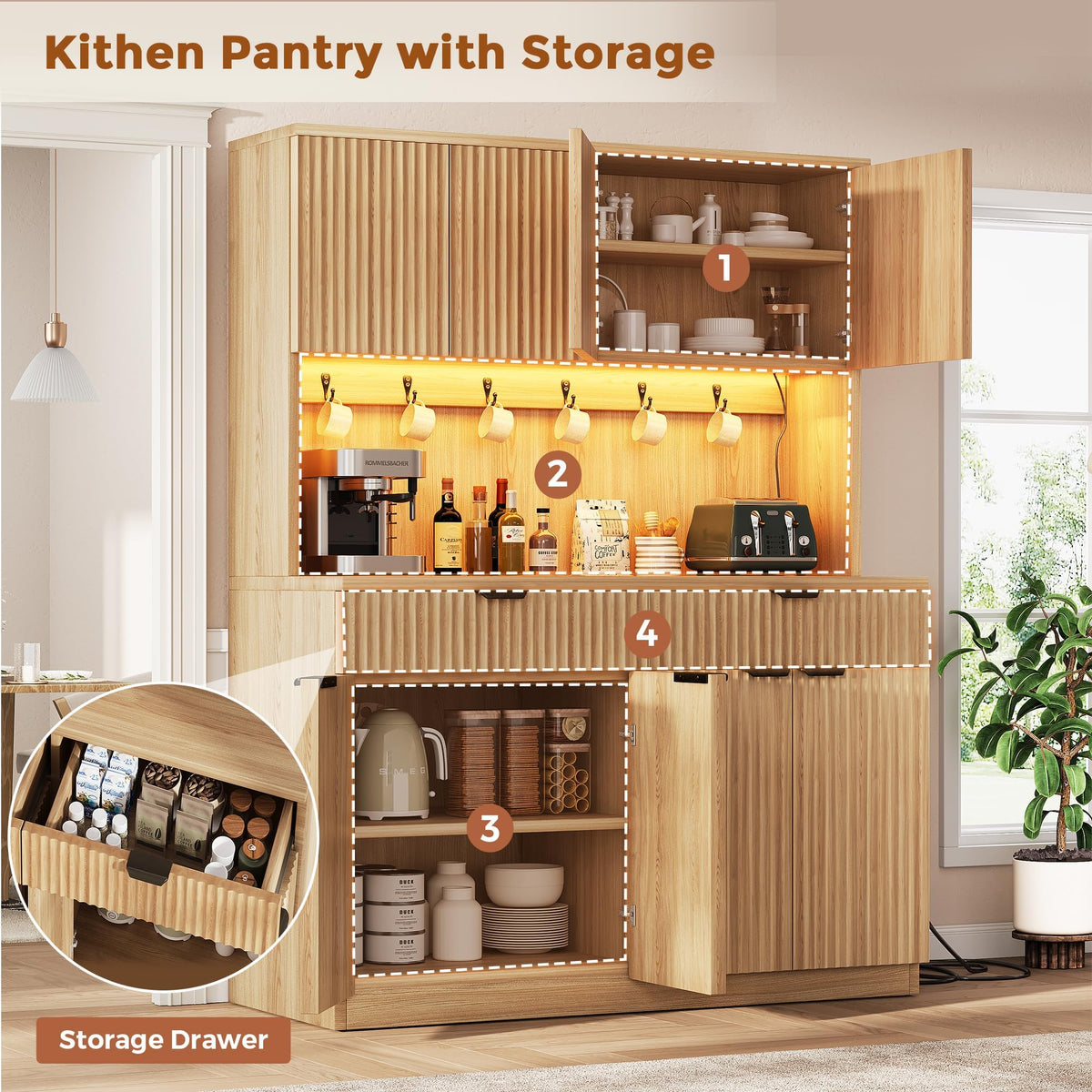 Fluted Kitchen Pantry Storage Cabinet with Charging Station & LED Lights