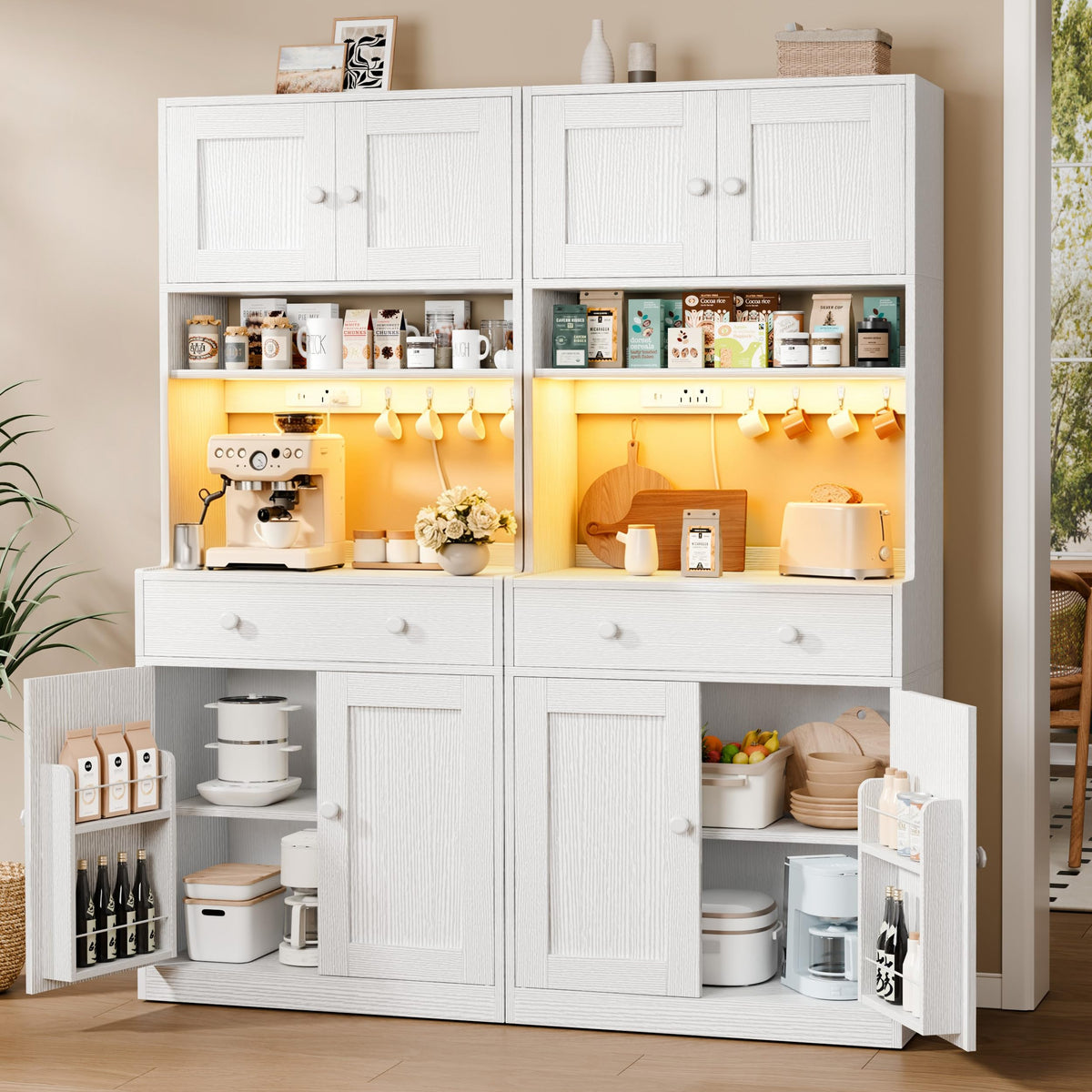 71" Tall Kitchen Pantry Cabinet with Microwave Countertop, LED Lights White